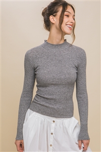 S39-1-1-LT-W9039-HGY - FITTED RIBBED KNIT SWEATER WITH SLEEVE BUTTONS- HEATHER GREY 2-2-2