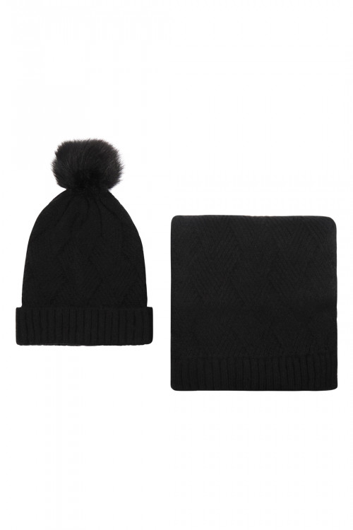S2-8-1-LY3621BK BLACK KNITTED BEANIE WITH POM MATCHING SCARF SET/6SETS
