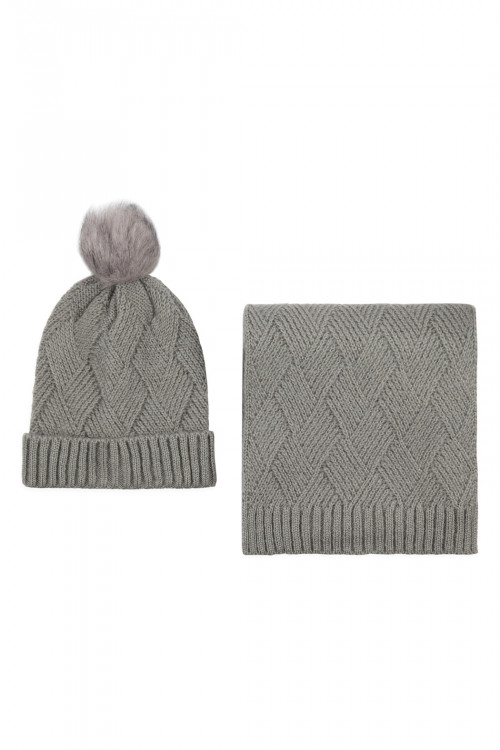 S2-8-1-LY3621GR GRAY KNITTED BEANIE WITH POM MATCHING SCARF SET/6SETS