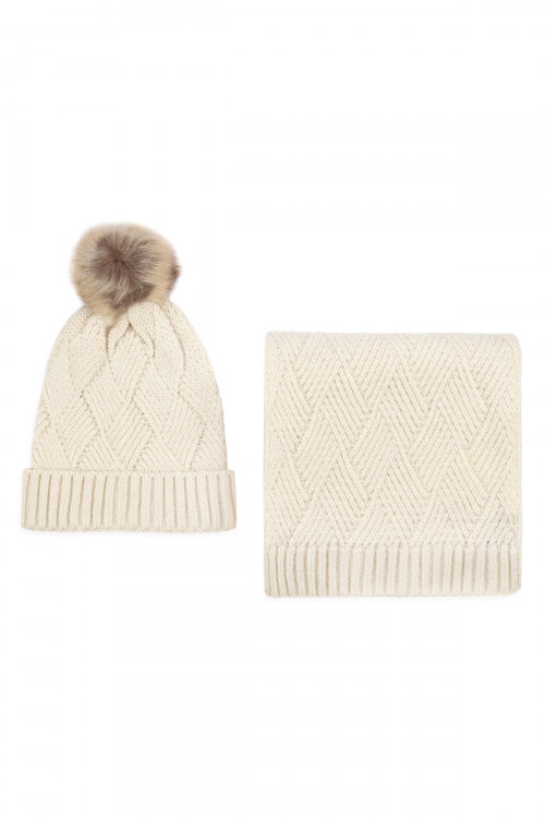 S2-8-1-LY3621IV IVORY KNITTED BEANIE WITH POM MATCHING SCARF SET/6SETS