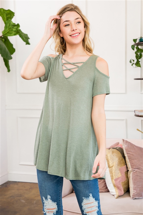 C72-A-1-M7571-SG-2 - SPACE DYE JERSEY COLD SHOULDER TOP WITH CAGE DETAIL- SAGE 3-1-0