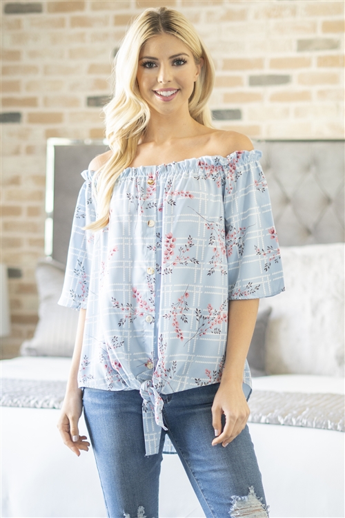 S10-15-2-M8373-BL-2 - OFF SHOULDER FLOWER AND BUTTON DOWN DETAIL TOP- BLUE 3-0-1