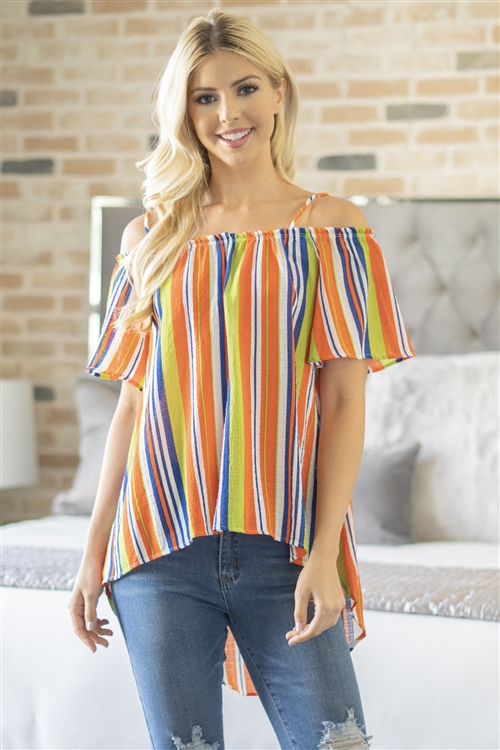 C64-A-1-M9682-ORG-1 - MULTI STRIPE COLD SHOULDER HIGH-LOW TOP- ORANGE 3-2-0