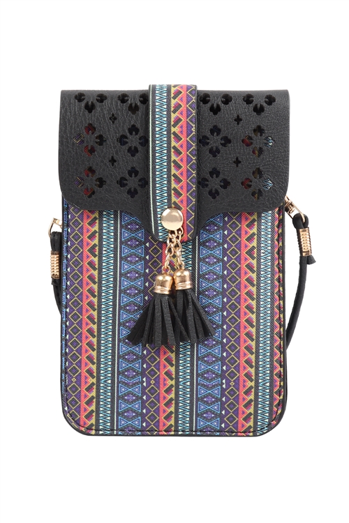 discontinued--S23-7-3-MB0022BK - AZTEC CELLPHONE CROSSBODY BAG WITH CLEAR WINDOW - BLACK/6PCS