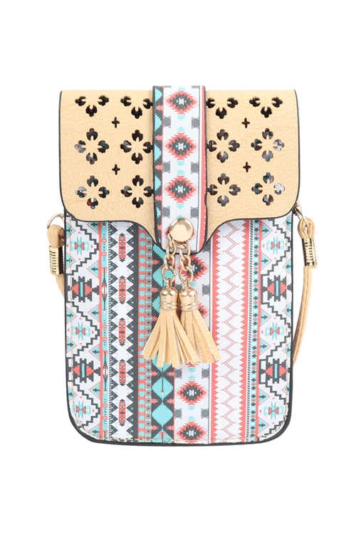 S24-6-2-MB0022IV - AZTEC CELLPHONE CROSSBODY BAG WITH CLEAR WINDOW - IVORY/6PCS
