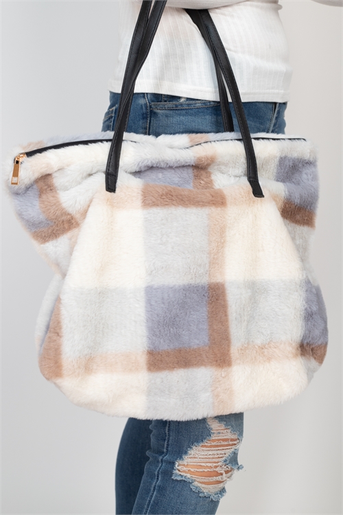 S17-1-1-MB0112BL - FUR PLAID TOTE BAG -  BLUE/6PCS