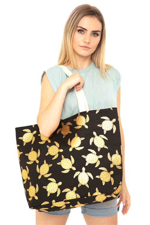 S30-1-1-MB0124BK - GOLD FOIL TURTLE TOTE BAG BLACK/6PCS