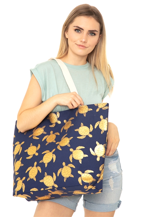 S30-1-1-MI-MB0124NV - GOLD FOIL TURTLE TOTE BAG- NAVY/6PCS