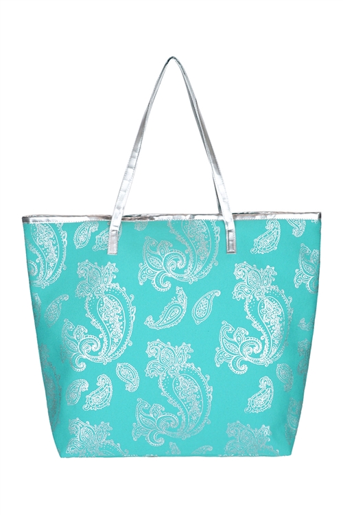 S28-9-2-MB0126TQ - SILVER FOIL PAISLEY TOTE BAG TURQUOISE/6PCS