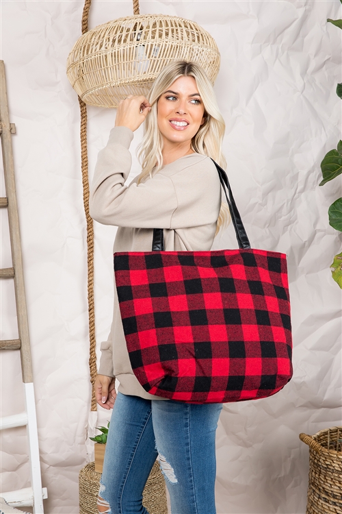 S30-1-1-MB0131RD - BUFFALO PLAID ZIPPER FASHION TOTE BAG - RED/6PCS