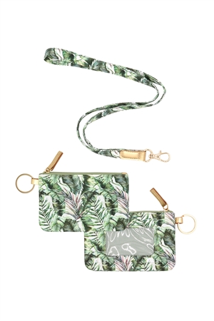 S24-3-2-MB0146-1 - HAND DRAWN TROPICAL LEAVES ID WALLET & DETACHABLE LANYARD - GREEN/1PC