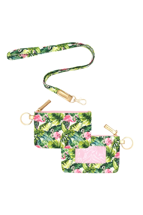 S24-3-2-MB0147 - TROPICAL FLAMINGO ID WALLET & DETACHABLE LANYARD - GREEN/6PCS