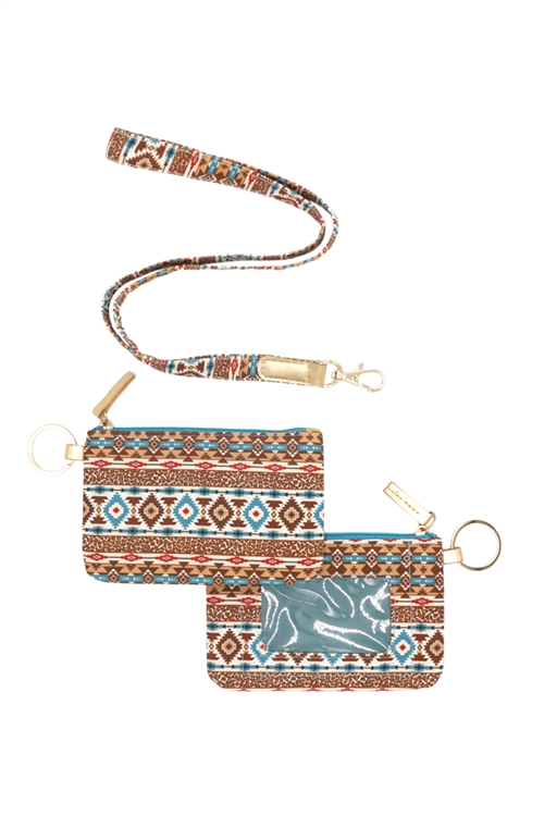 S30-1-1-MB0159BR-TQ - LEOPARD TRIBAL ID WALLET & DETACHABLE LANYARD - BROWN/TURQUOISE/6PCS