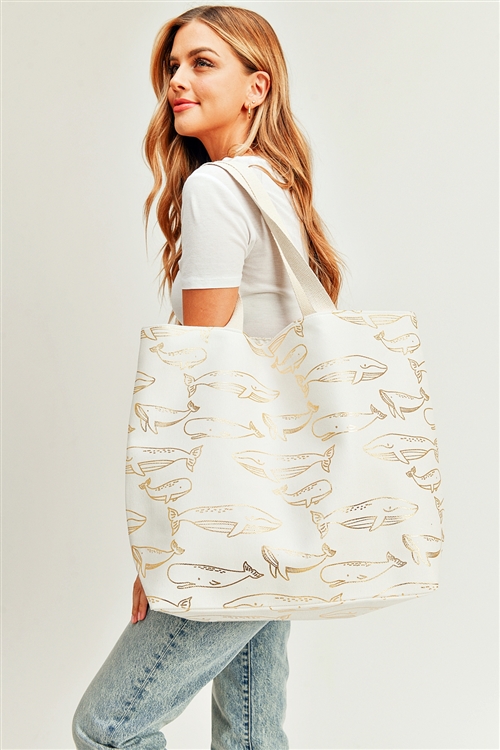 S30-1-1-MB0171WH - GOLD FOIL WHALE TOTE BAG-WHITE GOLD/6PCS