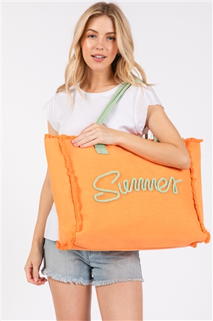 S30-1-1-MB0204 - SEWN ROPE SUMMER LETTER FRINGED CANVAS BAG WITH ZIPPER CLOSURE AND INNER POCKET -ORANGE/6PCS