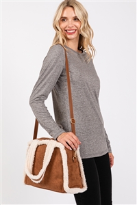 S30-1-1-MB0260 - FLEECE TRIMMED SOLID TOTE AND CROSSBODY BAG WITH ADJUSTABLE STRAP-BROWN/6PCS