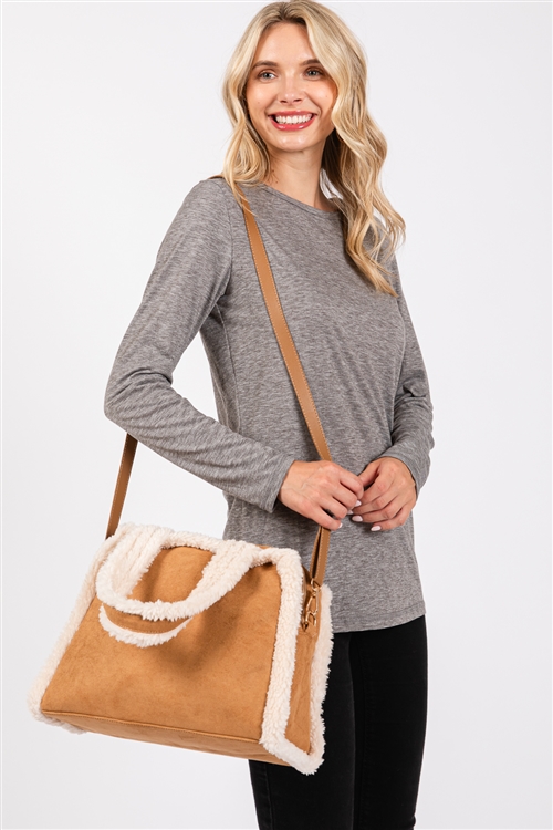 S30-1-1-MB0260 - FLEECE TRIMMED SOLID TOTE AND CROSSBODY BAG WITH ADJUSTABLE STRAP-CAMEL/6PCS