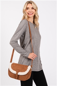 S30-1-1-MB0261 - FLEECE TRIMMED SOLID CROSSBODY BAG WITH ADJUSTABLE STRAP-BROWN/6PCS