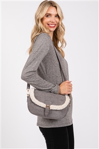 S30-1-1-MB0261 - FLEECE TRIMMED SOLID CROSSBODY BAG WITH ADJUSTABLE STRAP-GRAY/6PCS