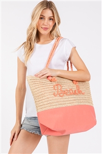 S30-1-1-MB0266 - COLOR SEWN ROPE BEACH LETTER AND STRAP CROCHET, FABRIC TOTE BAG-CORAL/6PCS