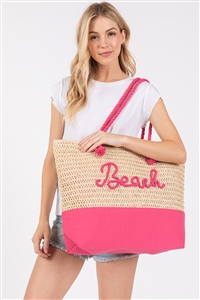 S30-1-1-MB0266 - COLOR SEWN ROPE BEACH LETTER AND STRAP CROCHET, FABRIC TOTE BAG-HOT PINK/6PCS