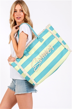 S30-1-1-MB0267 - SEWN ROPE SUMMER LETTER FRINGE STRIPED TOTE BAG WITH MAGNETIC CLOSURE & INNER POCKET-BLUE LIME/6PCS