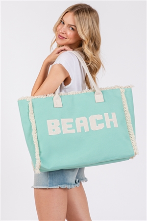 S30-1-1-MB0268 - EMBROIDERED BEACH LETTER FRINGE TOTE BAG ZIPPER CLOSURE & INNER POCKET-MULTICOLOR/6PCS