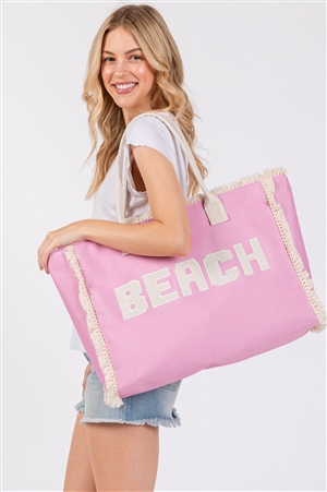 S30-1-1-MB0268 - EMBROIDERED BEACH LETTER FRINGE TOTE BAG ZIPPER CLOSURE & INNER POCKET-PINK/6PCS