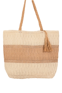 S30-1-1-MB0273 - TWO TONE WOVEN STRAW BAG WITH MAGNETIC CLOSURE & INNER POCKET-TAUPE/6PCS