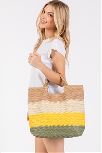 S30-1-1-MB0274 - MULTI COLOR STRIPE TOTE BAG WITH MAGNETIC CLOSURE & INNER POCKET-MUSTARD/6PCS