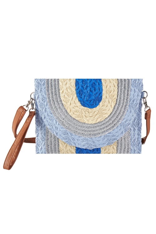 S30-1-1-MB0291 - METALLIC LINED MULTI COLOR STRAW CLUTCH & CROSSBODY BAG-BLUE/6PCS