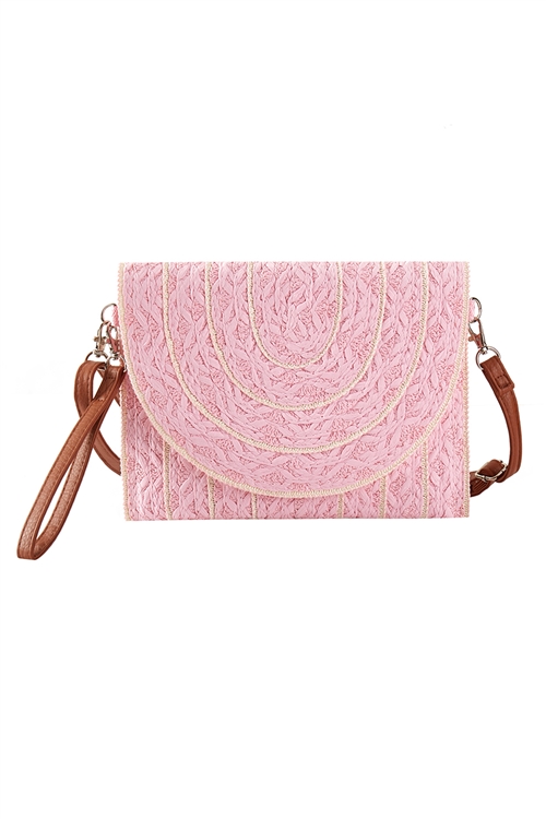 S30-1-1-MB0292 - STITCH DETAILED STRAW CLUTCH & CROSSBODY BAG-PINK/6PCS