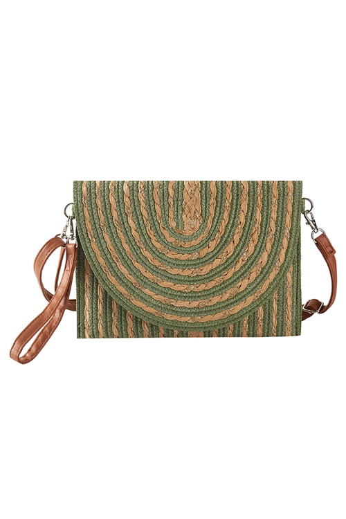 S30-1-1-MB0294 - GOLD THREADS MIXED COLOR STRAW CLUTCH & CROSSBODY BAG-OLIVE/6PCS