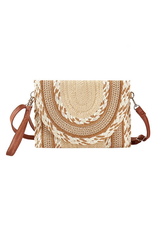 S30-1-1-MB0296 - MULTI PATTERN STRAW CLUTCH & CROSSBODY BAG-BEIGE/6PCS