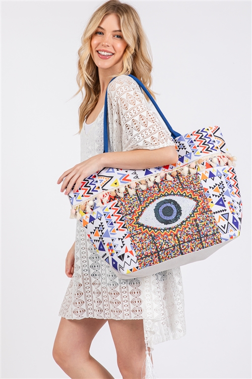 S30-1-1-MB0303 - EVIL EYE BOHO PRINT POM POM FRINGE TOTE BAG ZIPPER CLOSURE INNER POCKET-BLUE/6PCS