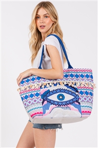 S30-1-1-MB0305 - EVIL EYE BOHO PRINT POM POM FRINGE TOTE BAG ZIPPER CLOSURE-BLUE/6PCS