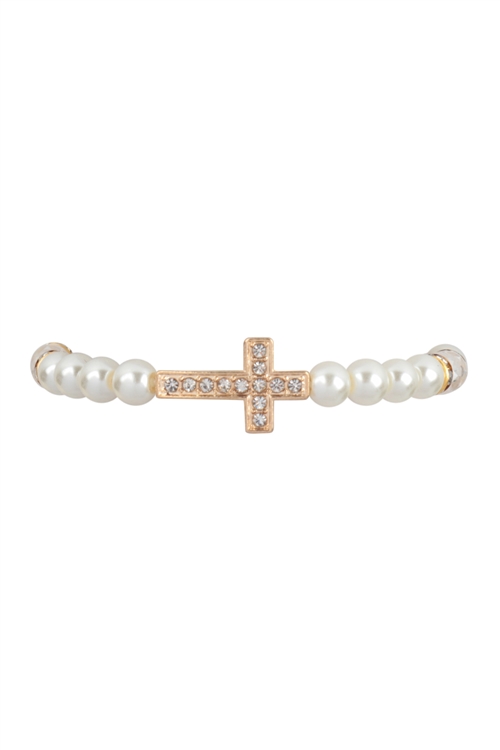 S24-7-2-MB34633 - CROSS RHINESTONE PEARL ROSARY BRACELET-GOLD SILVER/12PCS