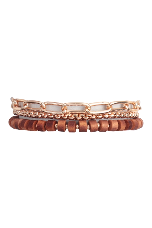 S1-4-2-MB4144BRW -  WOOD BEAD CHAIN LAYERED BRACELET-BROWN/1PC