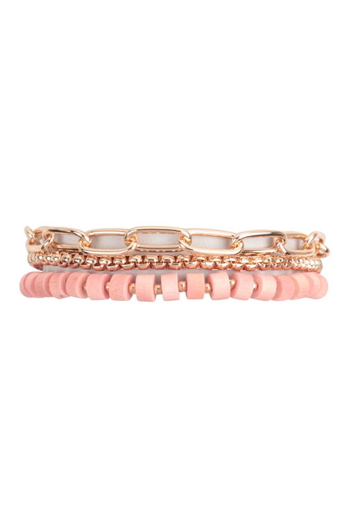 S1-4-2-MB4144PNK -  WOOD BEAD CHAIN LAYERED BRACELET-PINK/1PC