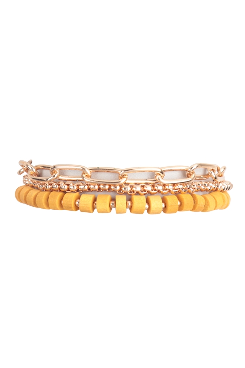 S1-4-2-MB4144YEL -  WOOD BEAD CHAIN LAYERED BRACELET-YELLOW/1PC