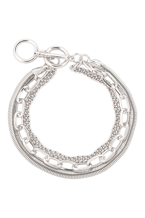 A3-3-4-MB5009RD - SNAKE TOGGLE MIX CHAIN BRACELET -  SILVER/6PCS