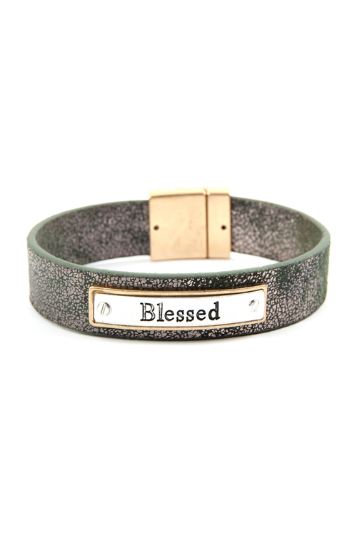 S21-4-4-MB6511GRN - "BLESSED" FAUX LEATHER MESSAGE BRACELET - GREEN/6PCS