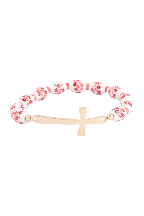 A1-2-2-MB7830RED - CERAMIC FLOWER  BRACELET  - RED/6PCS