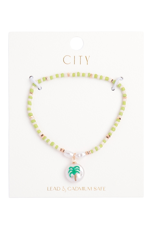 S6-4-2-MB7873GRN - SEED BEADS W/  PEARL PALM TREE CHARM BRACELET-GREEN/1PC