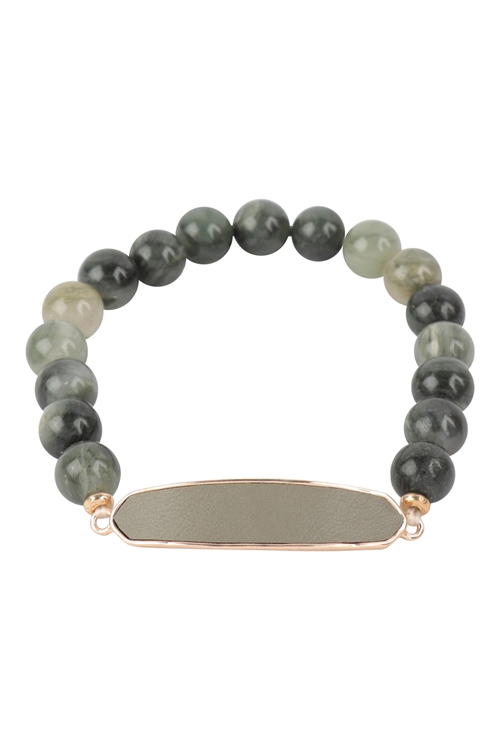 S1-6-2-MB7940OL - NATURAL STONE WITH LEATHER ACCENT BRACELET-OLIVE/1PC (NOW $3.75 ONLY!)