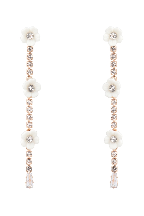 A1-1-4-ME0475GD - WHITE FLOWER & STONE CHAIN DROP EARRINGS-GOLD/1PC