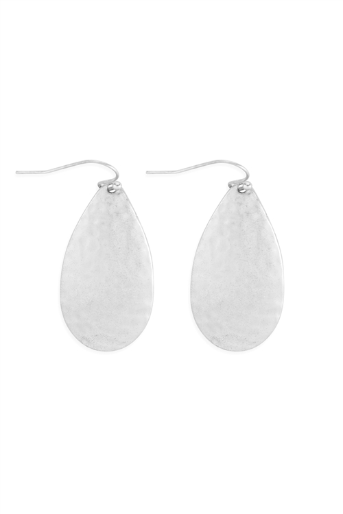 A3-2-4-ME10027WS - HAMMERED METAL TEARDROP FISH HOOK EARRINGS - MATTE SILVER/6PCS