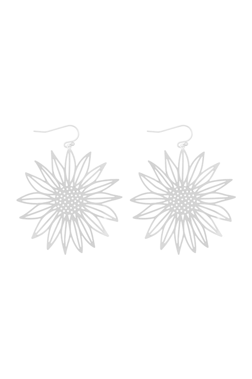 S1-1-4-ME10238MS - LASER CUT SUNFLOWER FISH HOOK EARRINGS-MATTE SILVER/6PCS