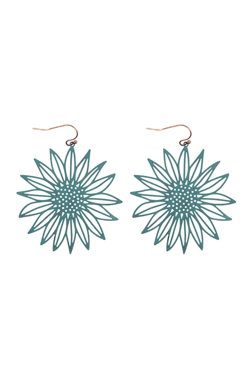 S1-2-3-ME10238PAT - LASER CUT SUNFLOWER FISH HOOK EARRINGS-TURQUOISE/6PCS