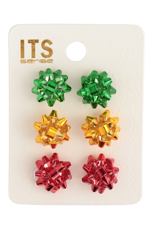 S1-6-5-ME10294M2 - CHRISTMAS FLOWER RIBBON POST EARRINGS - MULTICOLOR 2/6PCS